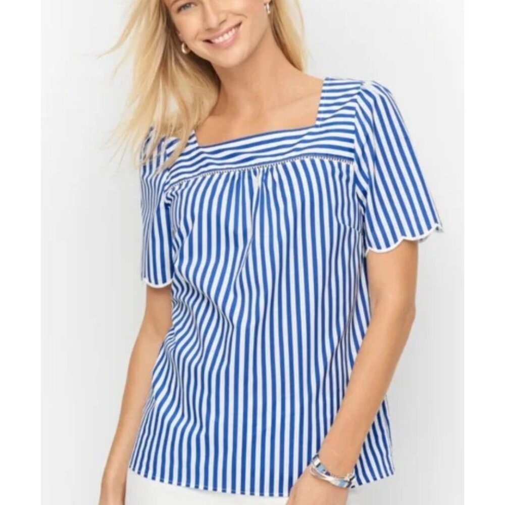 TALBOTS scalloped square neck stripe top size L